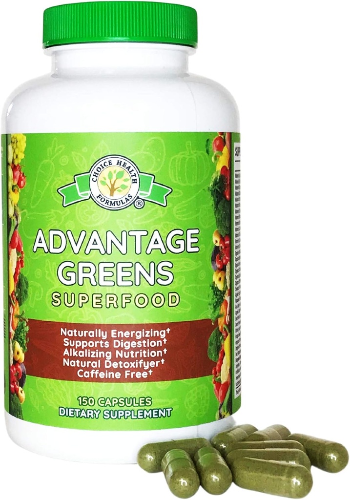 이점 녹색 Superfood - 에너지 촉진제 - 밀 잔디, 배리 잔디, Spirulina, Spinach, Chlorella, Beets, Kale Supplement (150 모자)