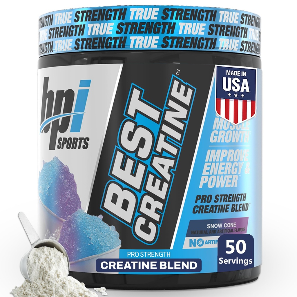 BPI Sports Best Creatine - 남성 및 여성을위한 크레아틴 Monohydrate 분말, Himalayan 소금 - 힘, 펌프, 내구력, 근육 성장, 근육 정의 - Bloat 없음 - Snow Cone - 50 서빙 - 10.58 Oz