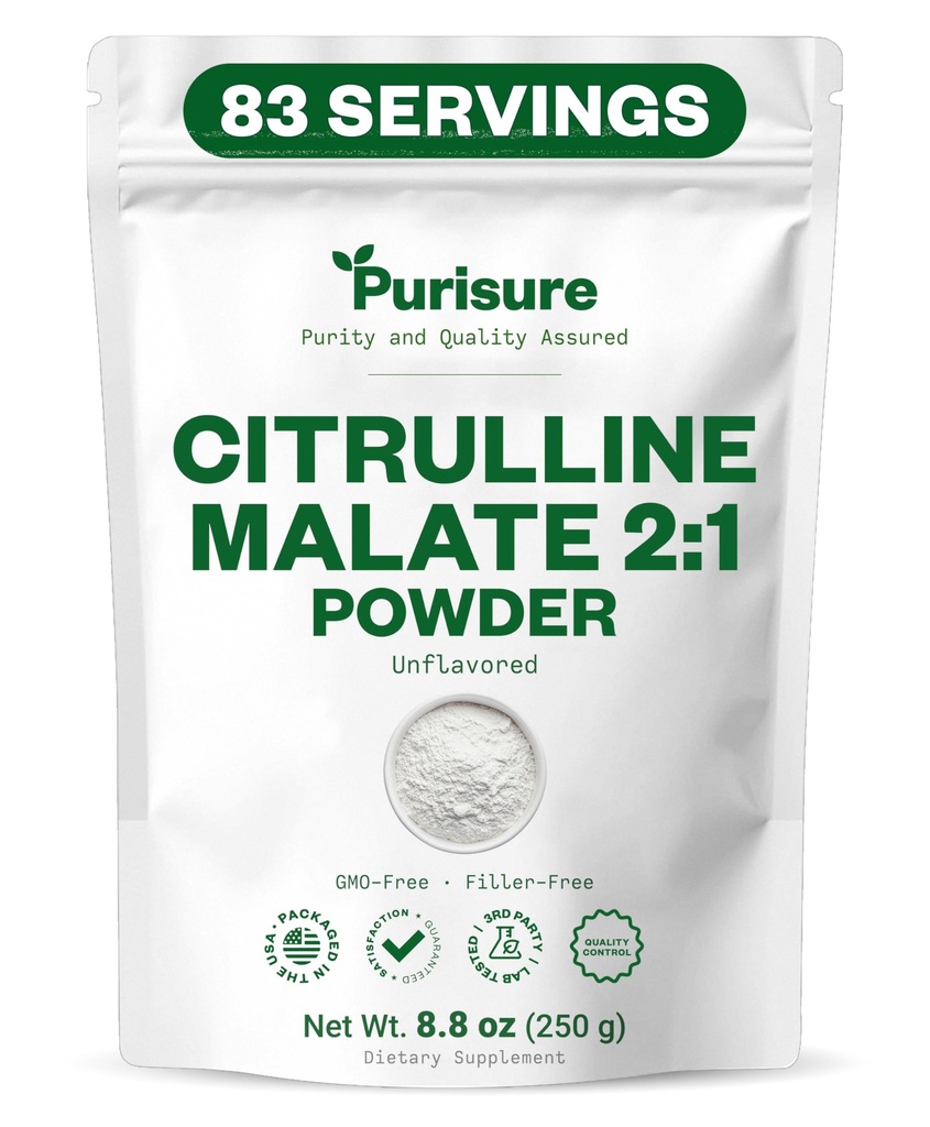 Purisure L-Citrulline 분말 250g, 우수한 Citrulline 2:1 힘 성과와 에너지, 전 운동 Citrulline 말레이트 분말을 위한 말레이트 보충교재 - 강화된 근육 펌프 및 회복 - 83의 서빙