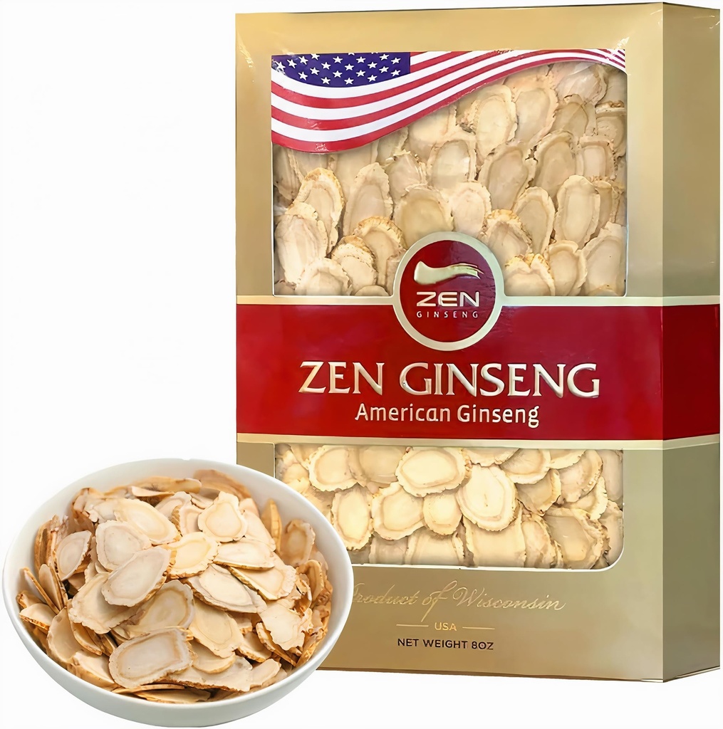 Zen American Wisconsin Ginseng Slices - 향상된 에너지, 성능, 남성 및 여성을위한 정신 건강 (8oz. 상자)