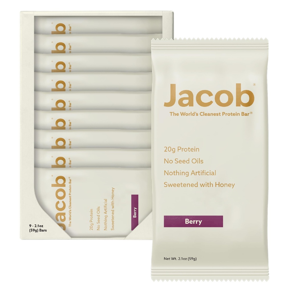 Jacob Bar, Protein Bar, 혼합 Berry (9 Bars Total) - 20g Grass-Fed Protein, 씨앗 오일 없음, 인공 없음
