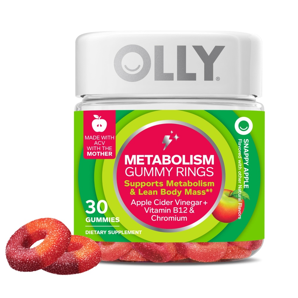 OLLY Metabolism 거미 링, 애플 Cider Vinegar, 비타민 B12, 크롬, 에너지 및 소화 건강, 치울 수 있는 보충교재, 애플 풍미 - 30 조사