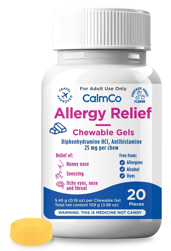 CalmCo 성인 Allergy Relief Gummy Bites with Diphenhydramine - Sneezing, Runny Nose & Itchy Eyes, Nighttime Allergy Medicine for Ages 12+, Fantasy Fruit flavor, 20 Count