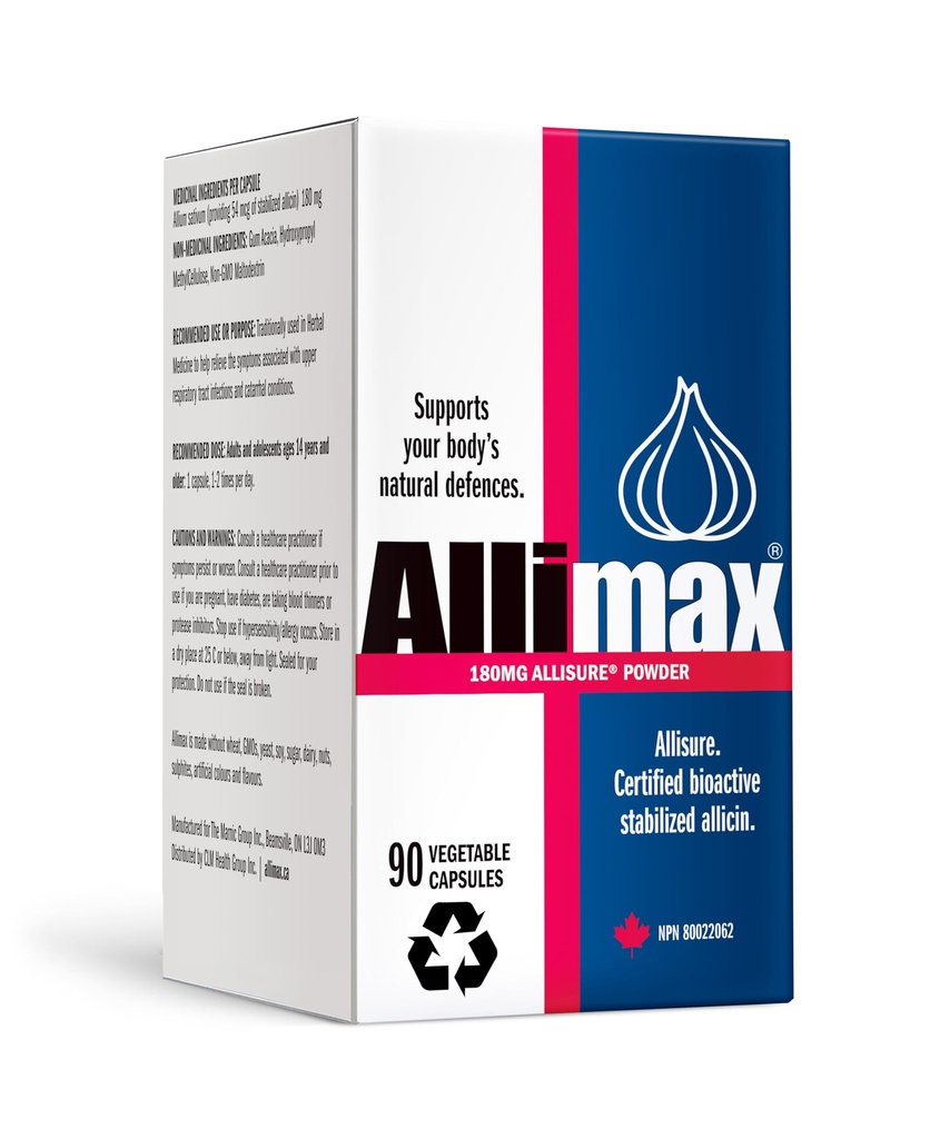 ALLIMAX 180mg 90 캡슐. 당신의 몸의 면역 기능을 지원하는 Allicin 마늘 보충교재. 안정적이고 강력한 Bioactive Allicin을 함유하여 Clean & Sustainable Spanish Grown Garlic에서 추출했습니다.