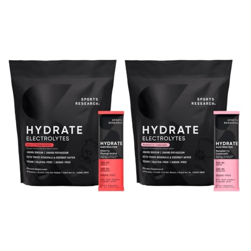 Sports Research Hydrate Electrolytes Dynamic Duo - Sugar-Free & Naturally는 비타민, 미네랄 및 코코넛 워터로 맛을냅니다. Cherry Pomegranate & Raspberry Lemonade의 32 Hydration Packets