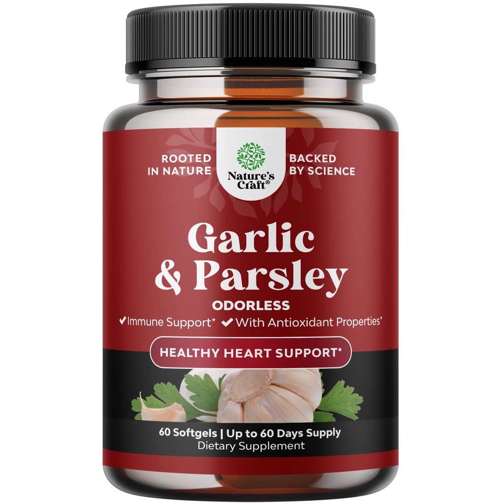 농축 된 무취 마늘 Softgels - Parsley Extract & Aged Garlic 보충제 Circulatory Health, Digestion, Immune Support & Liver Detox - Parsley Softgels for Gut Support - 60 Ct