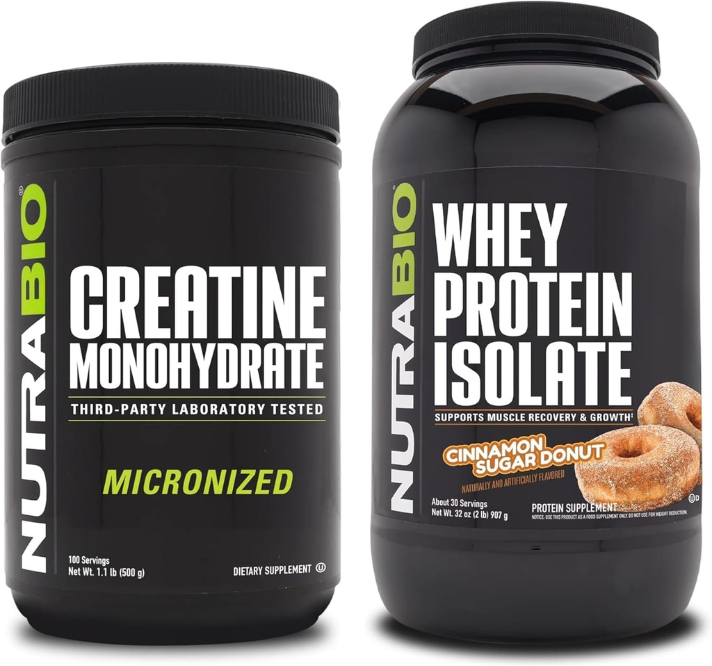 NutraBio Creatine Monohydrate, Unflavored, 500g 및 Whey Protein Isolate, Cinnamon Sugar Donut, 보충 번들 - 근육 에너지, Lean 근육 성장, 회복 및 힘