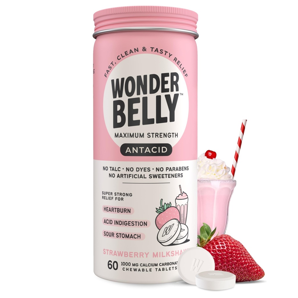Wonderbelly Antacid, 효과적인 Heartburn 및 즉시 산 Indigestion 구호, 여분 힘 Chewable 정제, 1000 mg 칼슘 탄산염, Talc 또는 염료, 딸기 밀크 셰이크, 60 조사