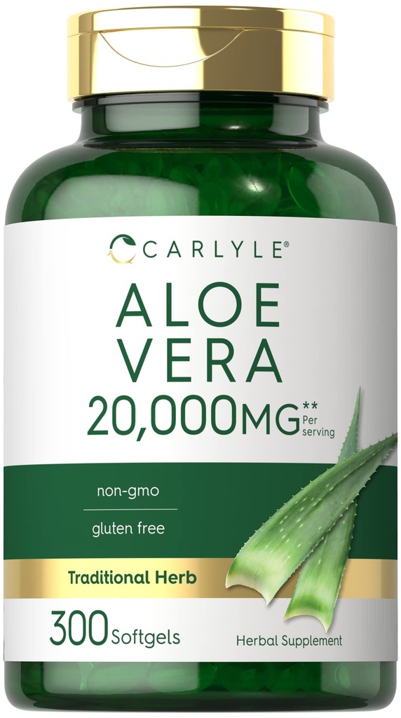 Carlyle Aloe Vera Softgel 캡슐 20,000mg | 300 개 | 알로에 베라 젤 보충 | 비 GMO, 글루텐 무료
