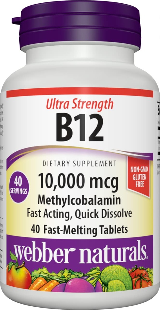 Webber Naturals 비타민 B12 10,000 mcg, 매우 힘, 40 조사, 빠른 용해 정제, 에너지 대사, 면역 및 심장 건강, Vegan 공식을 위한 비타민 보충교재 지원