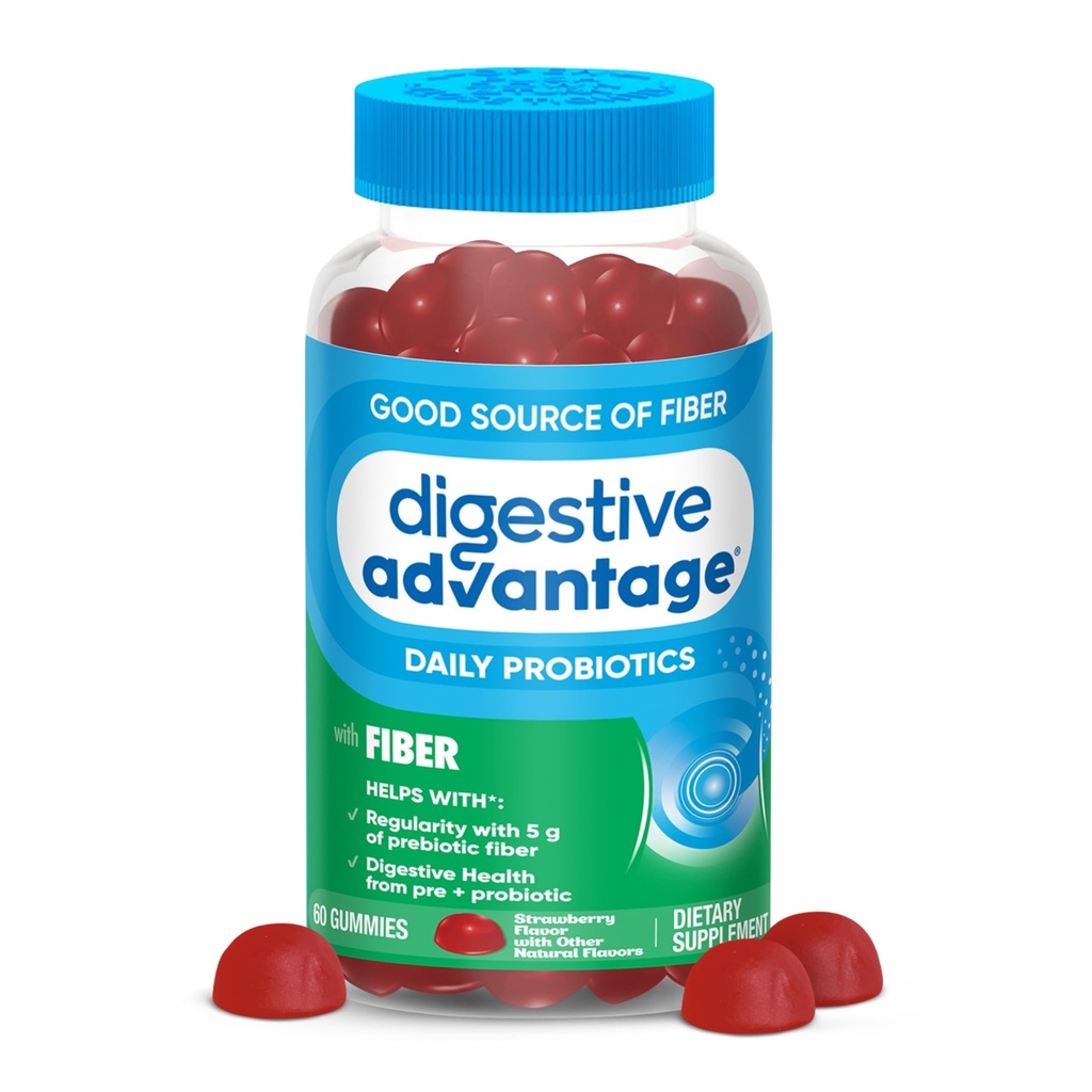 소화 이점 Prebiotic 섬유 Gummies + Gut 건강, 5g Prebiotic 섬유 플러스 1 억 CFU Probiotic, 소화 건강 및 정기적 인, (60ct 병) Strawberry 풍미 *