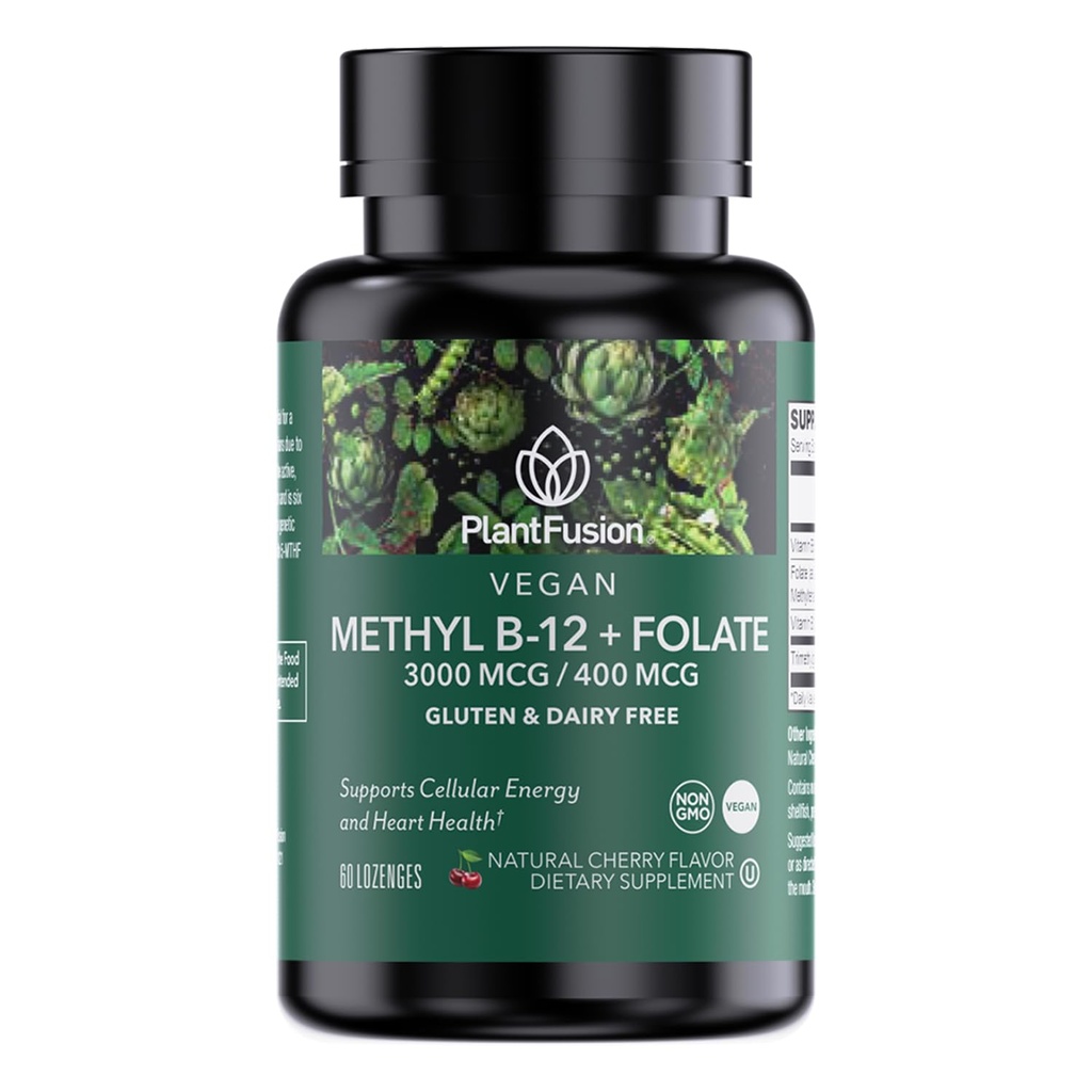 PlantFusion Methylated 비타민 B 복합체 - Vegan B12 3000mcg, Vegan Methylfolate (5-MTHF) 400mcg, B6 & TMG - Cherry-Flavored Lozenges - 60 조사