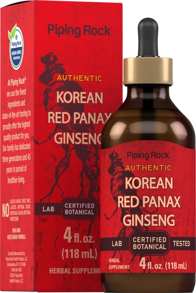 Piping Rock Korean Red Ginseng Liquid Extract | 4 Fl Oz | Panax Root Extract | 알코올 프리 태피스 | Vegetarian, Non-GMO, 글루텐 무료 보충 교재