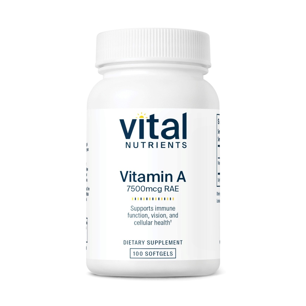 Vital Nutrients 비타민 A 7500mcg RAE | 면역 기능, 비전, 피부, 세포 건강을위한 비타민 A 보충 | 글루텐, 낙농장, 콩 무료 | 비 GMO | 100 캡슐
