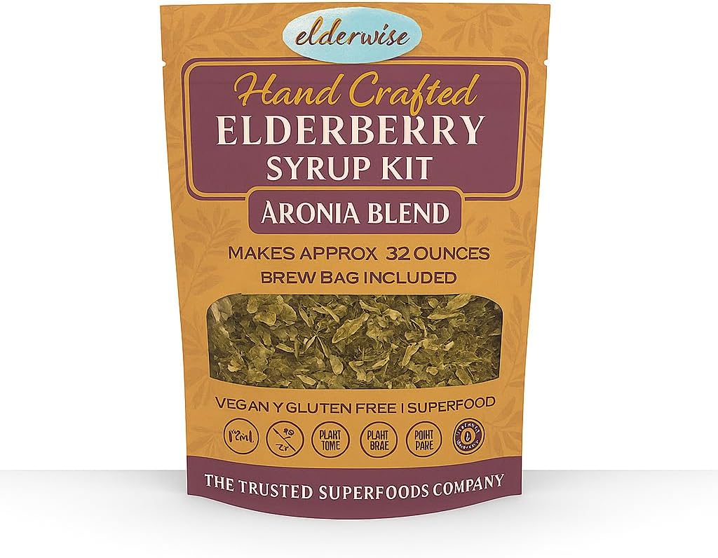 Elderwise Elderberry Aronia Berry Syrup 키트 - Elderberry, Aronia Berries, Rosehips, Ginger, Echinacea, Cinnamon 및 Cloves, Syrup의 32oz, Brewing Bag 포함
