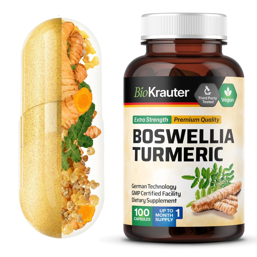 Boswellia 추출물 캡슐을 가진 BIO KRAUTER 심황 보충교재 - 2000 mg 혼합 - 100 조사 - Vegan Boswellia 심황 (Curcumin) - 공식 w/Black Pepper