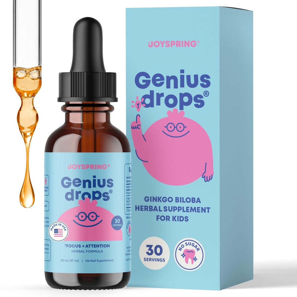 JoySpring Genius Drops for Kids | 임상적으로 입증 된 초점 보충 | 아이들을위한 Ginkgo Biloba와 액체 초본 초점 보충 (1 fl oz) 30 서빙