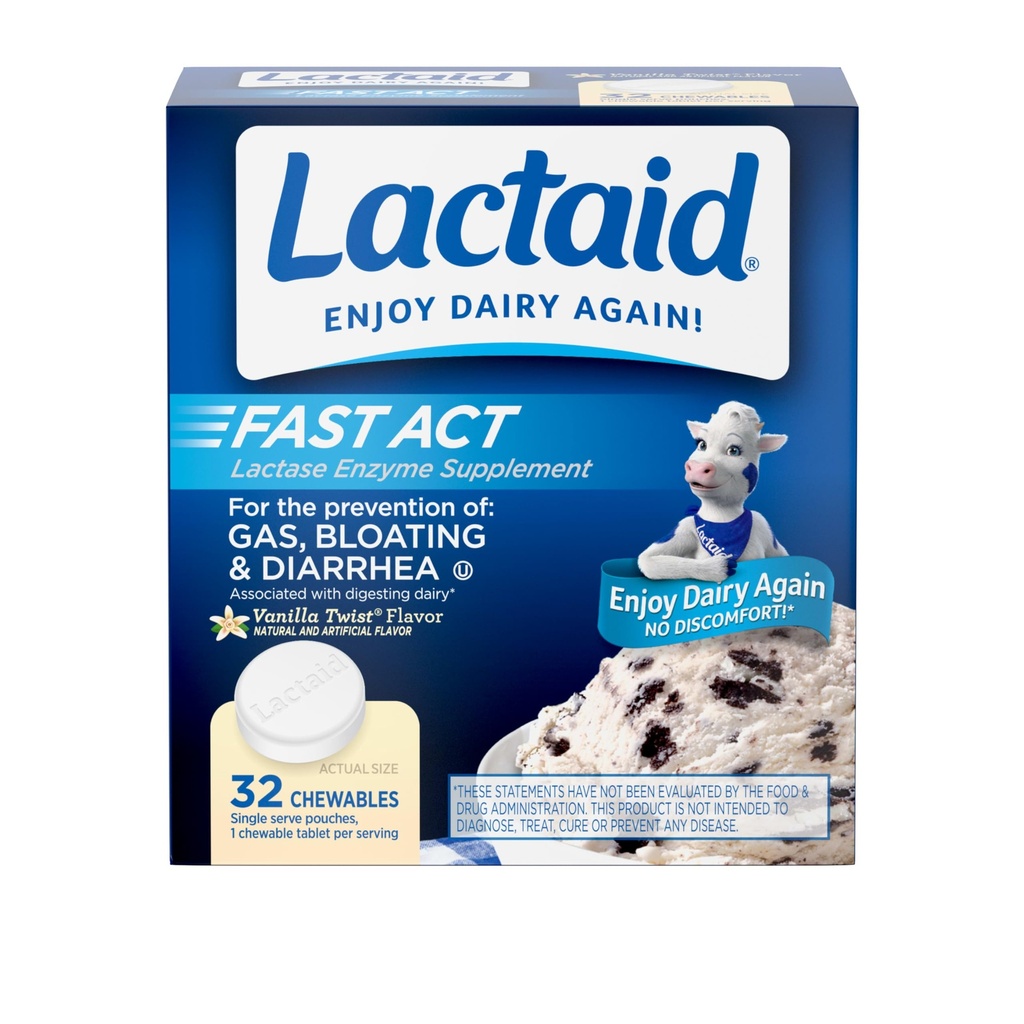 자연적인 Lactase 효소를 가진 Lactaid 빠른 행동 Lactose Intolerance 기복 Chewable는 가스, bloating & Diarrhea 때문에 Lactose 감도, On-Go, 바닐라 강선전도 풍미, 32 x 1개의 ct로 막습니다