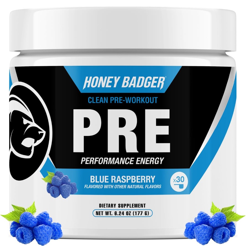 꿀 Badger Pre 운동 분말, Keto Vegan Preworkout for Men & Women, Beta Alanine & Caffeine, 설탕 무료 천연 에너지 보충, 블루 라즈베리, 30 서빙