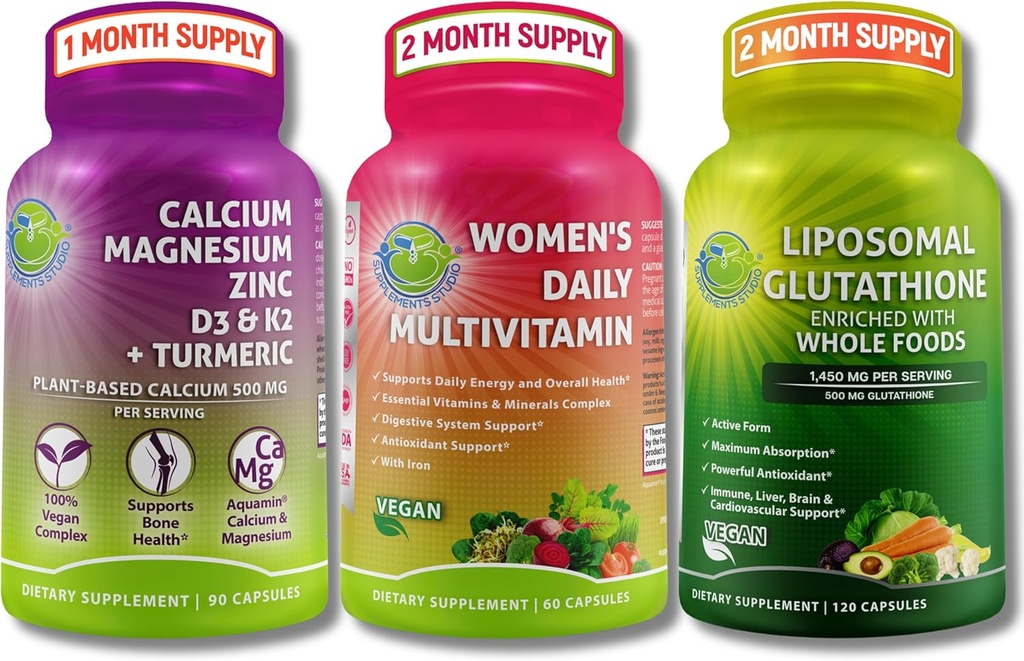 여성 Multivitamin, 칼슘 & Liposomal 글루타티온 트리오 - 식물 기반 칼슘, 마그네슘, 아연, D3, K2 & Turmeric + 철 + Liposomal 글루타티온 500mg을 가진 여성용 멀티비타민