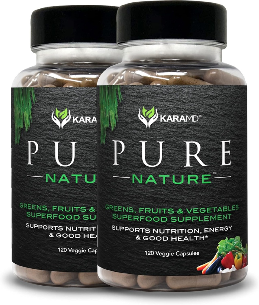 KaraMD 순수 자연 | 녹색, 과일 및 채소 보충 | 비타민, 섬유 및 산화제 | 에너지 및 소화를위한 20 과일 및 야채 보충제 | 글루텐 프리 & 비건 친화적 인 (2 팩)