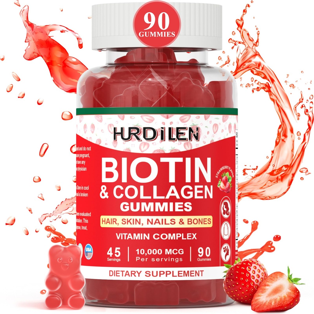 머리 피부와 못 Gummies, 여자 & 남자를 위한 10000mcg Biotin 교원질 Gummies, 비타민은 더 빠른 머리 성장, 더 강한 못, 건강한 피부, 힘 뼈, 90의 Gummies를 지원합니다