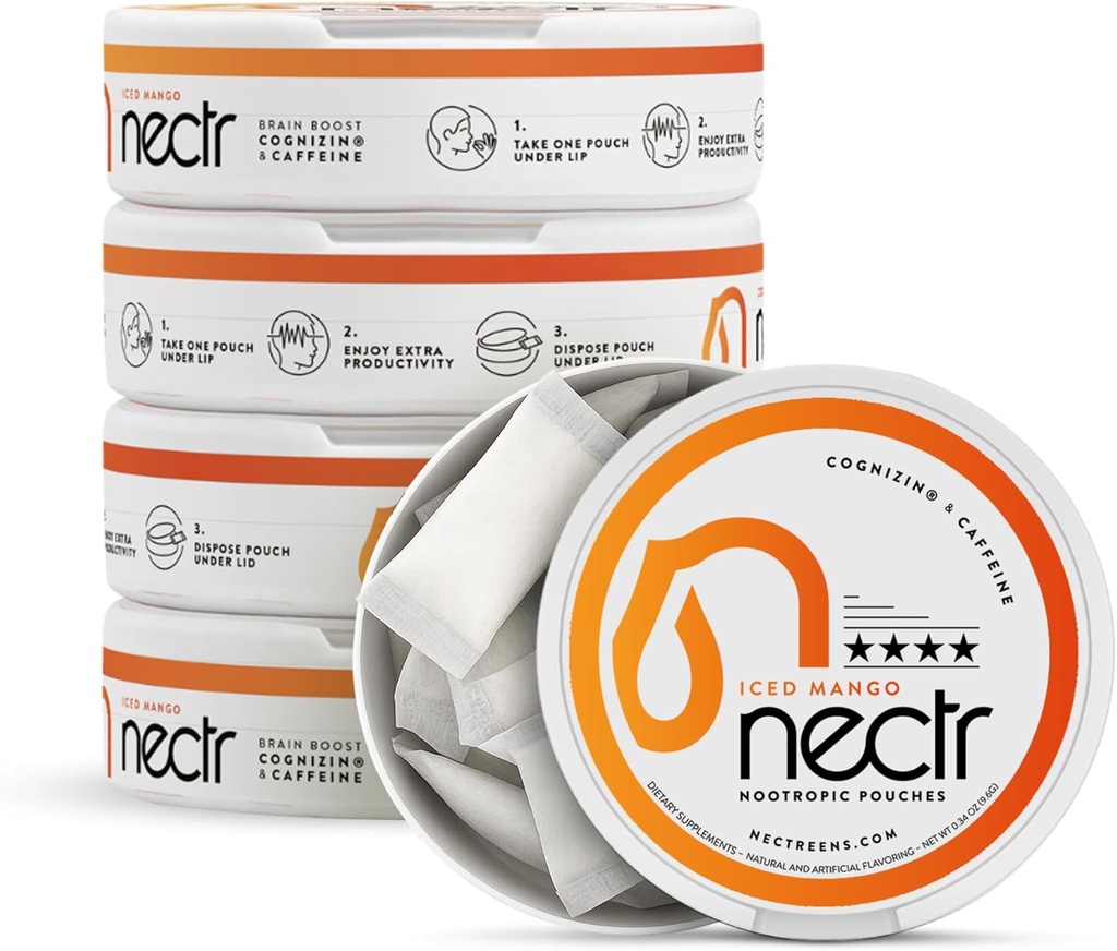 Nectr Energy Nootropic 파우치 – 아이스 망고 맛, Cognizin® Citicoline을 가진 카페인 파우치. 설탕 자유로운 뇌 치료. 매끄럽고, 지속된 초점 & 에너지 보충교재 - 16pcs의 5개 Pucks