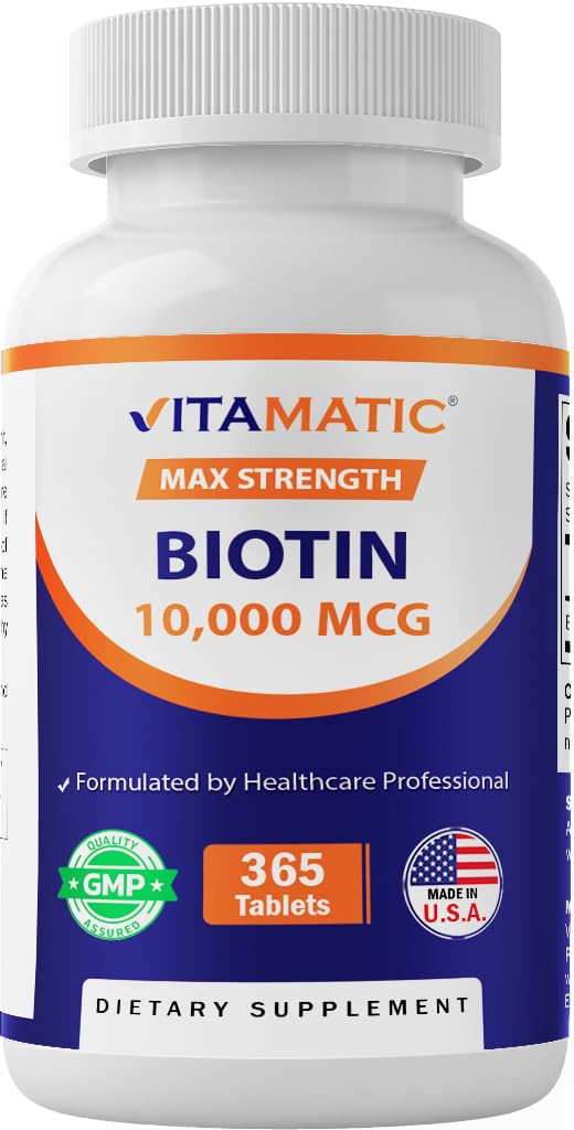 Vitamatic Biotin 10,000 mcg (10 mg) Stronger Hair, Skin & Nails - 365 Vegan Tablets - 또한 비타민 B7를 부르는 비타민 B7