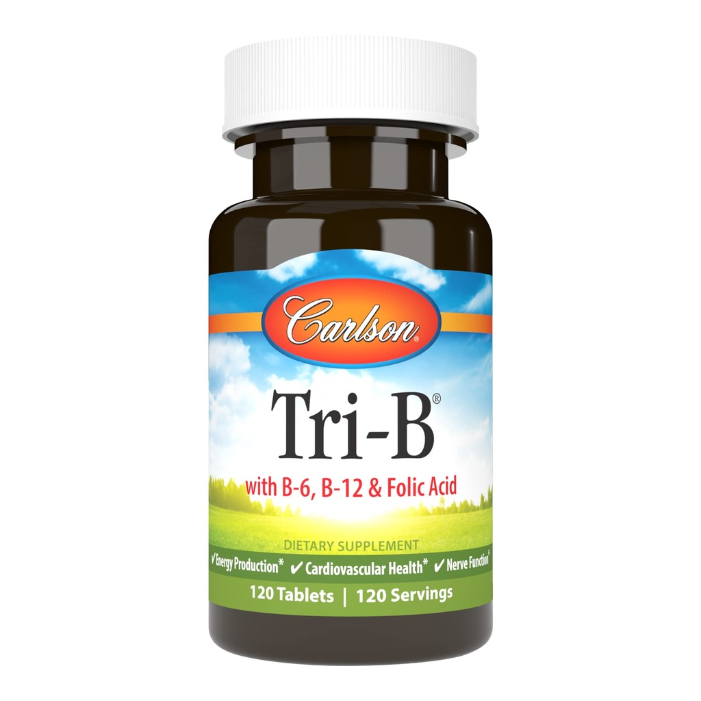 Carlson - Tri-B, 비타민 B 복합체, 25 mg 비타민 B-6, 400 mcg 비타민 B-12, Folic 산성 에너지 약, 승진 심장 혈관 건강, B Complex 비타민, B12 보충교재, B 비타민 복합체, 120 정제