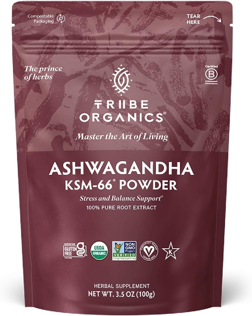 TRIBE ORGANICS KSM-66 Ashwagandha Root Extract Powder Ayurvedic Herb for Mood Support | 증가 에너지 | 힘 - 유기 | 자연 | 글루텐 프리 | 비 GMO | 전체 스펙트럼 - 100g 파우치