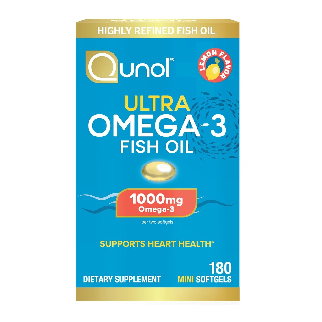Qunol 물고기 기름 오메가 3 소형 Softgels, 1000mg 오메가 3 EPA + DHA, 매우 순수한 보충교재, 심장 건강 지원, 레몬 풍미, 삼키기 소형, 3 달 공급, 180 조사에 쉬운
