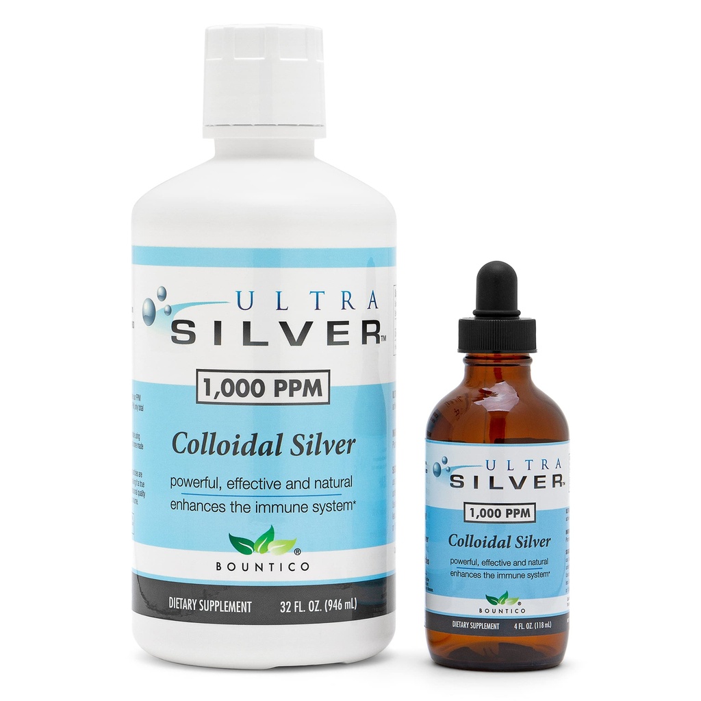 울트라 실버® 콜로이드 실버 | 1,000 PPM, 32 Oz (946mL) | 미네랄 보충 | True Colloidal Silver - 4 oz Dropper Bottle(Empty) 포함!