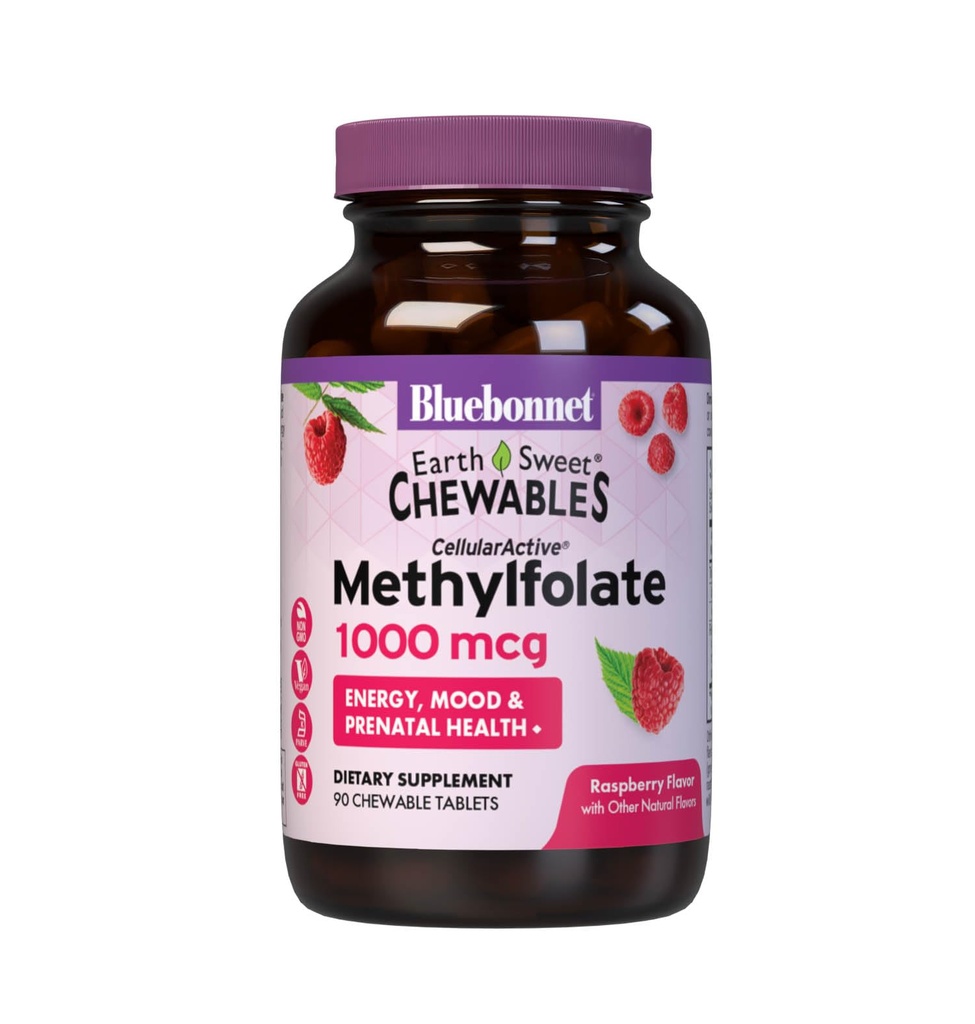 Bluebonnet EarthSweet Methylfolate 1000 mcg 세포 활성 Coenzyme 5-MTHF L 메틸 Folate 보충교재 - Prenatal & 에너지 지원 - 비 GMO, Vegan, 글루텐 자유로운 - 라즈베리 - 90 Chewable 정제