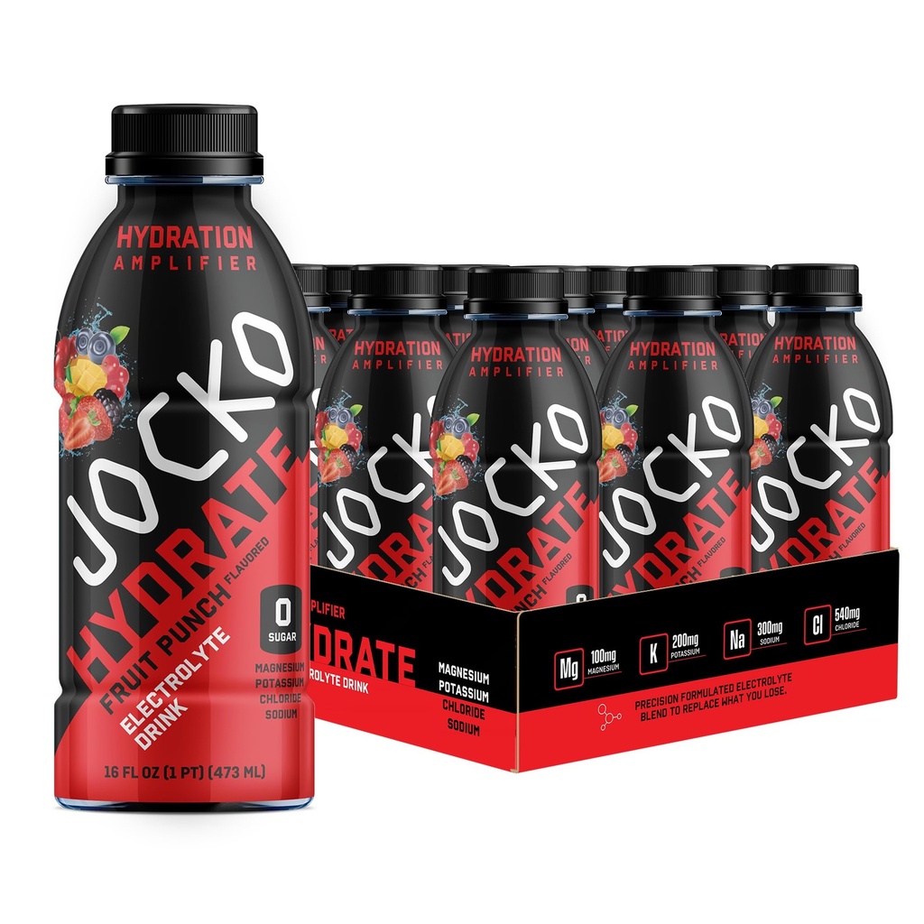 Jocko Fuel Hydrate Electrolyte 음료 - 스포츠 음료 수화 증폭기, Thirst Quencher - 과학적으로 공식화된 Electrolyte 혼합 과일 펀치 풍미 16 Oz (12 팩)