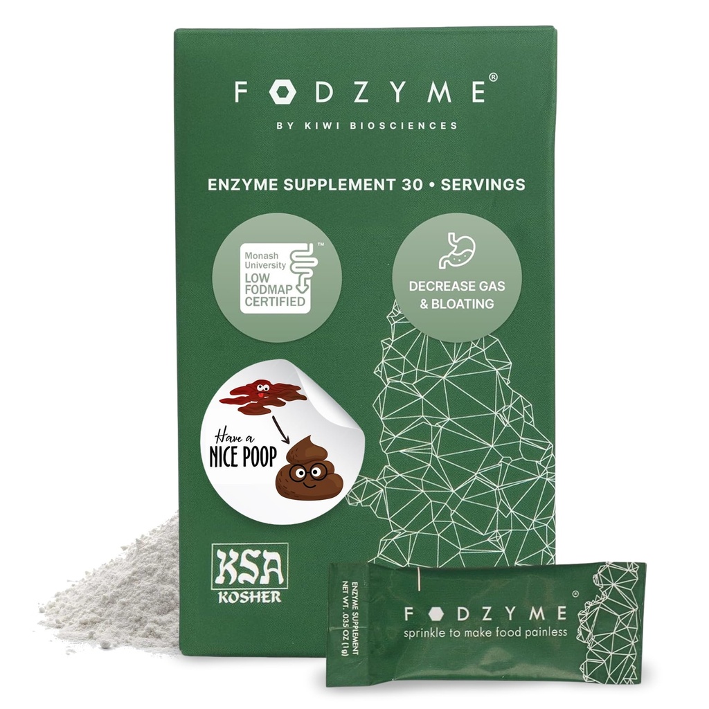 FODZYME® On-The-Go Digestive Enzymes for Gut Health, Bloating, 가스, 변비, 설사, 복부 통증, 낮은 FODMAP, 30 복용량