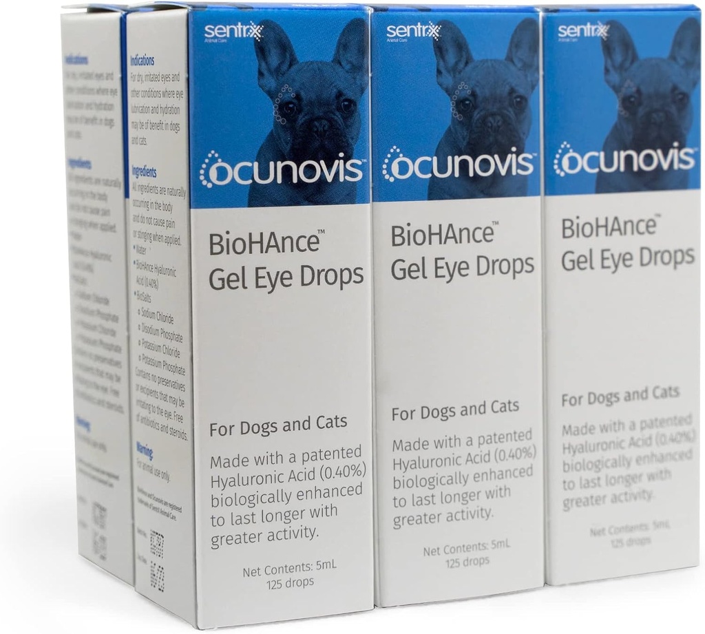 Sentrx - Ocunovis Gel Eye Drops for Dogs and Cats with Dry Eyes, Hyaluronic Acid, Non-Blurring 및 Non-Stinging 인조 Tears, 5 ml, 6 팩이있는 고양이 및 개 눈 드롭