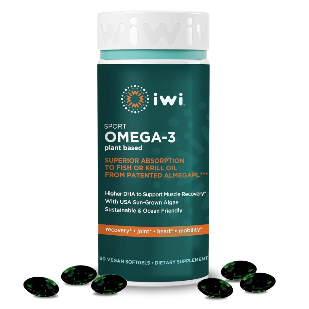 Iwi Omega-3 스포츠, 60 Softgels (30 서빙), DHA와 식물 기반 비건 조류 오메가 3, 운동 회복 지원 다이어트 보충, Krill & 물고기 기름 대안, No Fishy Aftertaste