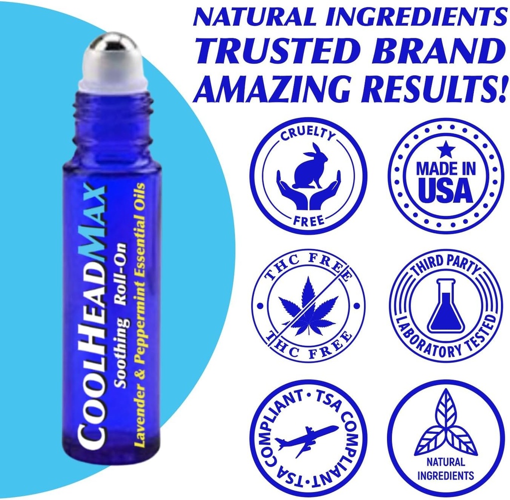 CoolHead Max Roll On, Natural Peppermint Essential Oil Migraine Relief, Headache Support Roller, 3 팩