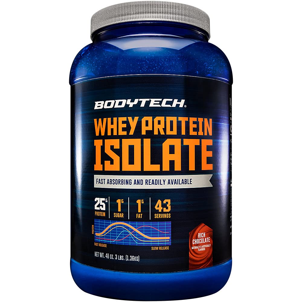 BODYTECH Whey Protein Isolate Powder - 풍부한 초콜릿 맛 - 근육 성장과 회복을위한 프리미엄 단백질 보충 - 성능을위한 낮은 Carb 및 높은 단백질 공식 (3 파운드 / 43 서빙)
