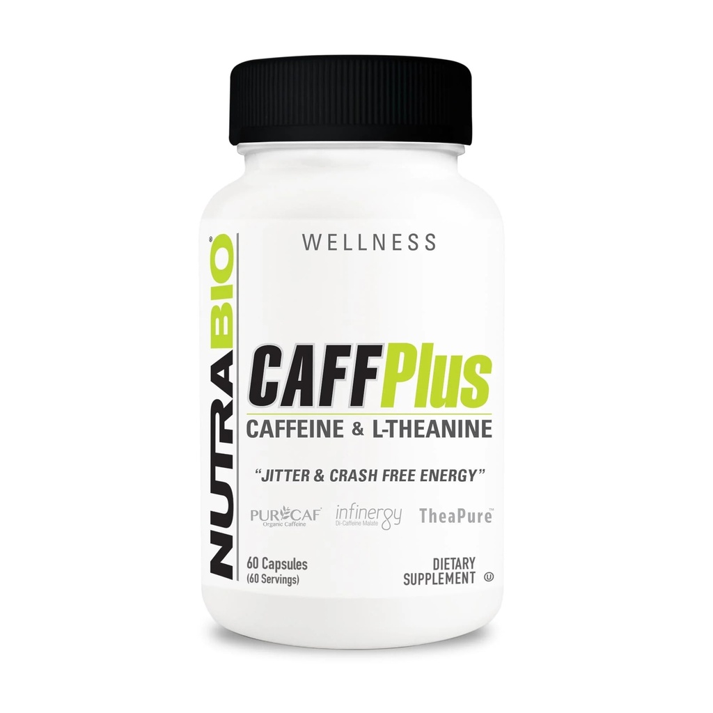 NutraBio CaffPlus, 건강한 에너지 부스트를위한 Theanine과 듀얼 소스 카페 - 60 식물성 캡슐