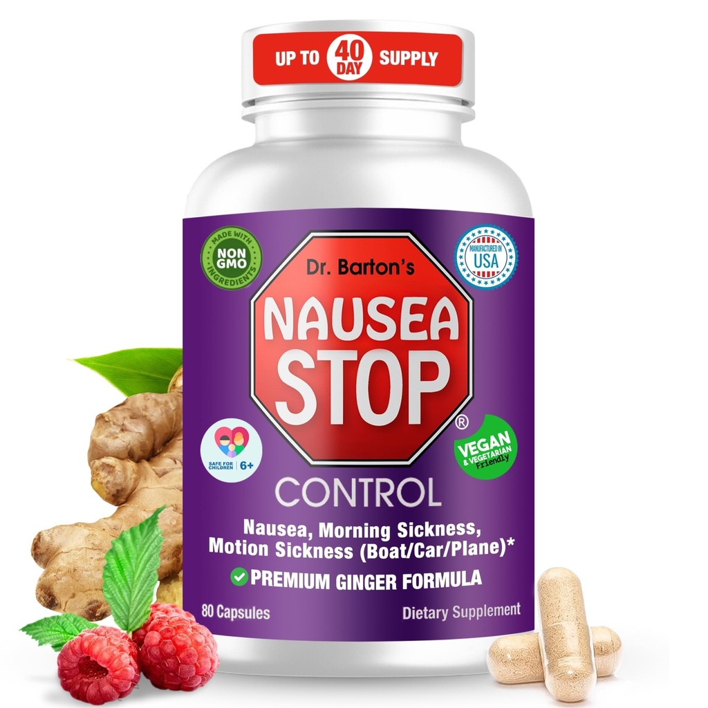 Barton의 Nausea Stop 박사 - 자연적인 Ginger, 성인 & 아이를 위한 비 Drowsy Nausea 기복 알약, 반대로 Nausea, Upset Stomach, 아침 Sickness & 임신 Nausea - 여행 필수 - 80의 캡슐 (1 팩)