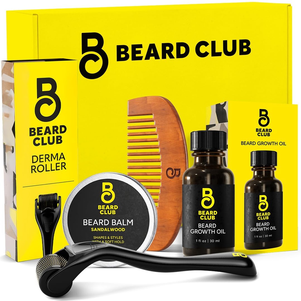Beard Club Beard 성장 키트 - Derma Roller, Beard Growth Oil, Sandalwood Balm, Comb - 선물 세트