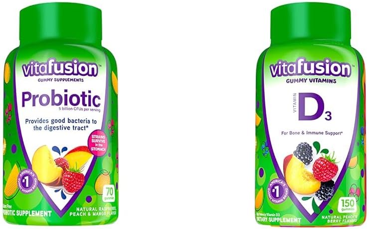 Vitafusion Probiotic Gummy 보조 식품, 라즈베리, 복숭아 및 망고 맛 & 비타민 D3 뼈와 면역 시스템 지원을위한 거미 비타민