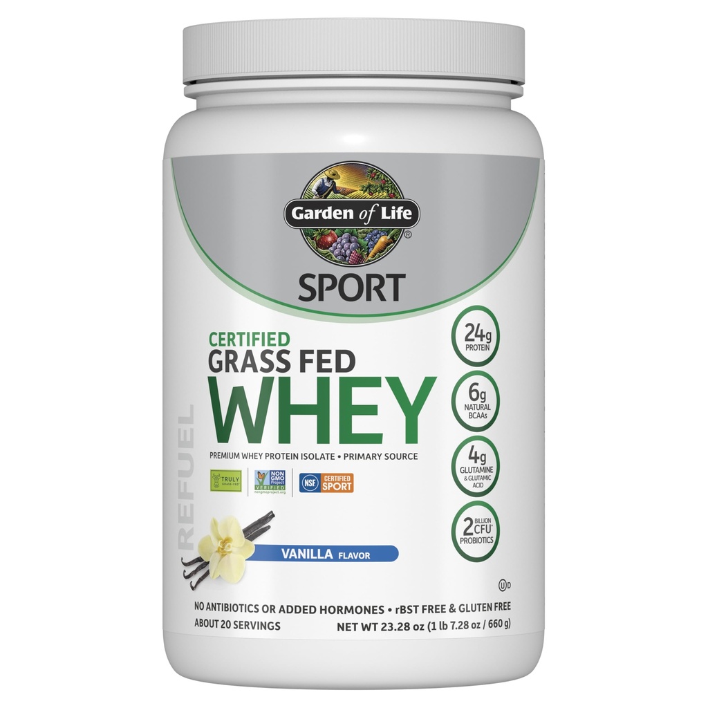 생명 스포츠의 정원 Whey Protein Powder Vanilla, 프리미엄 잔디 Fed Whey Protein Isolate plus Probiotics for Immune System Health, 24g Protein, Non GMO, Gluten Free, Cold Processed - 20 서빙