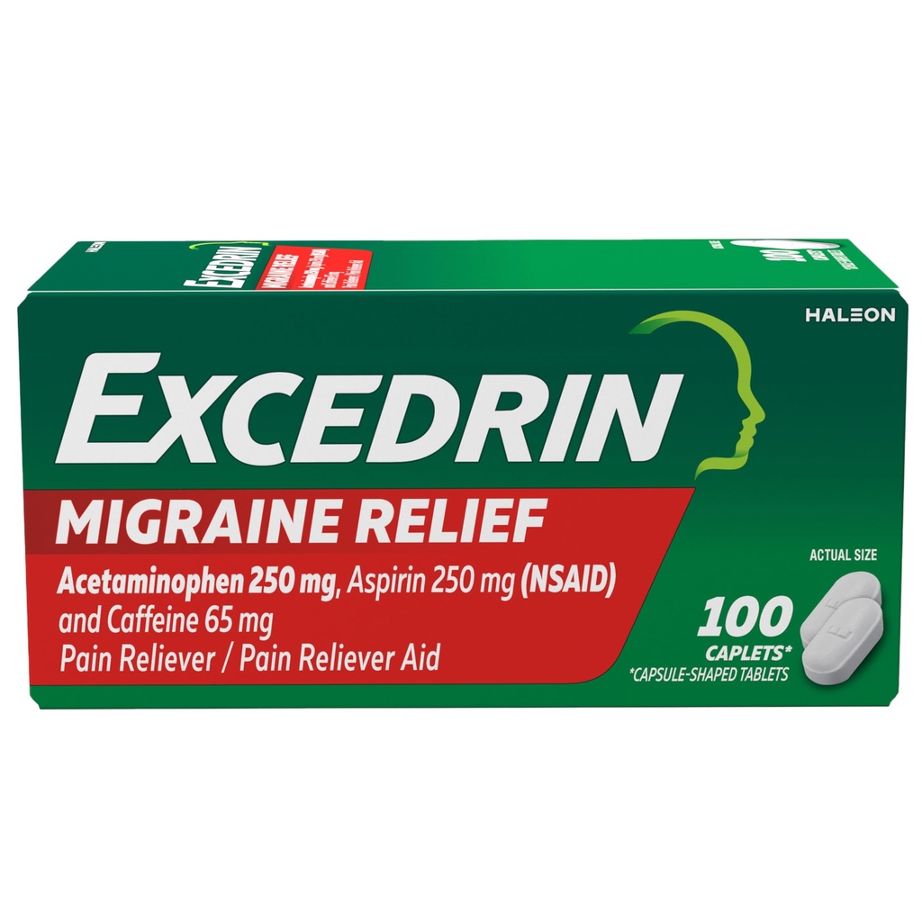 Migraine 증상, Acetaminophen 250mg, Aspirin 250mg, Caffeine 65mg, 통증 Reliever, 100 조사를 위한 Excedrin Migraine 구호 캡슐