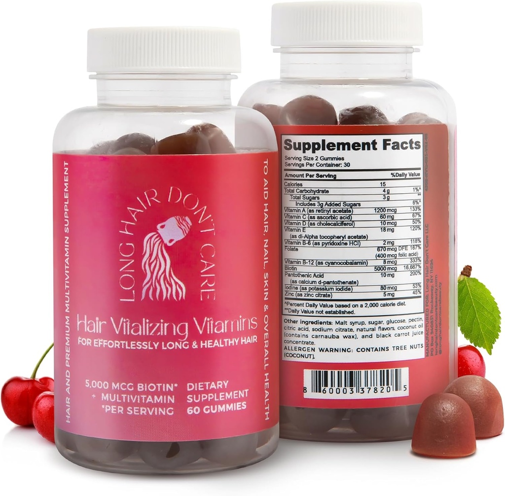 Long Hair Don't Care Hair Vitalizing Vitamins, Hair Skin and Nails Vitamins, 여성 및 남성용 비타민, Pantothenic Acid, Folic Acid & Biotin Gummies, Non-GMO Hair Vitamins, 60 Gummy Vitamins
