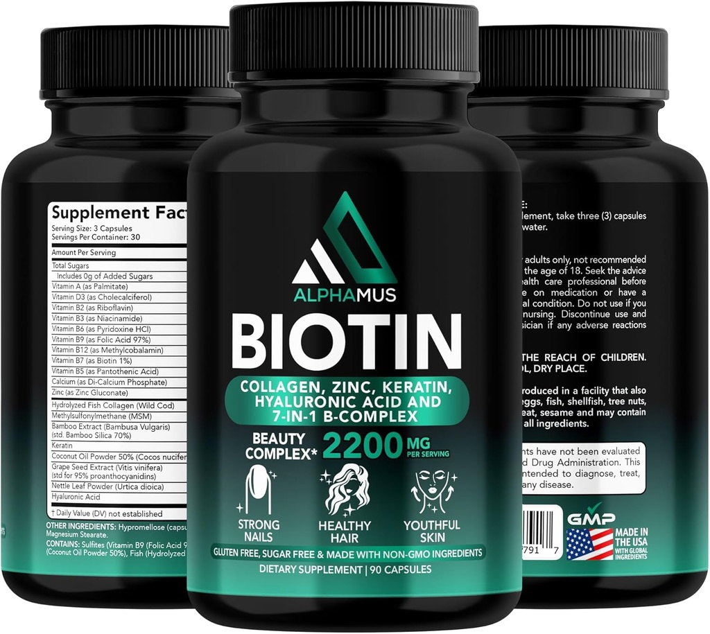 Keratin와 Biotin 보충 교재 - 머리 성장, 건강한 피부 & 못을 위한 Biotin 5000mcg 캡슐 - 여성 & 남자를 위한 Hyaluronic 산 & 비타민 B 복합체의 낙관된 혼합, 90의 캡슐