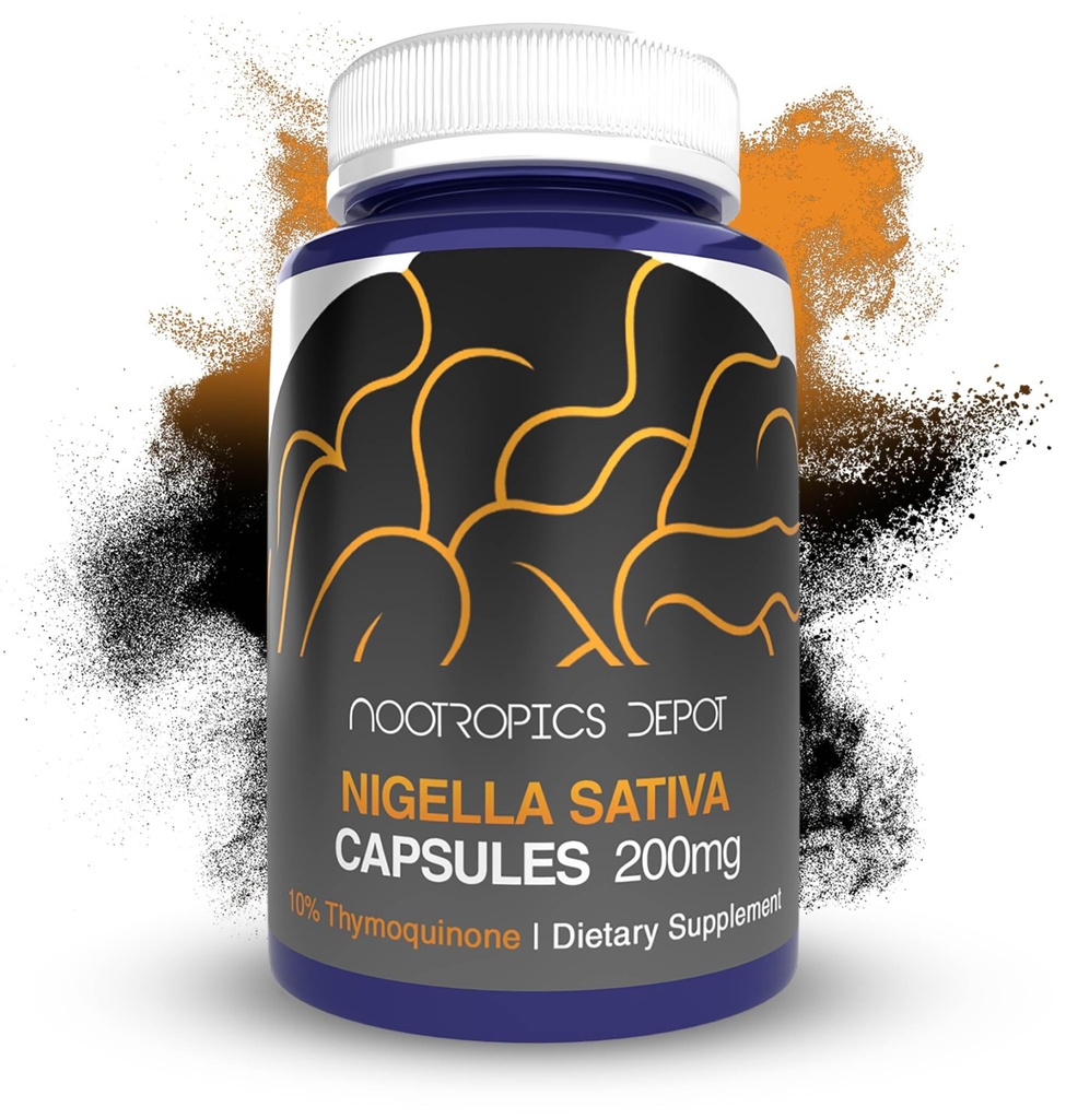 Nootropics Depot Nigella Sativa Extract Capsules | 200mg | 60 Count | 최소 10 % Thymoquinone Content | Black Seed Oil Extract | 뇌 건강, 기억, 간 건강 및 면역 기능 지원