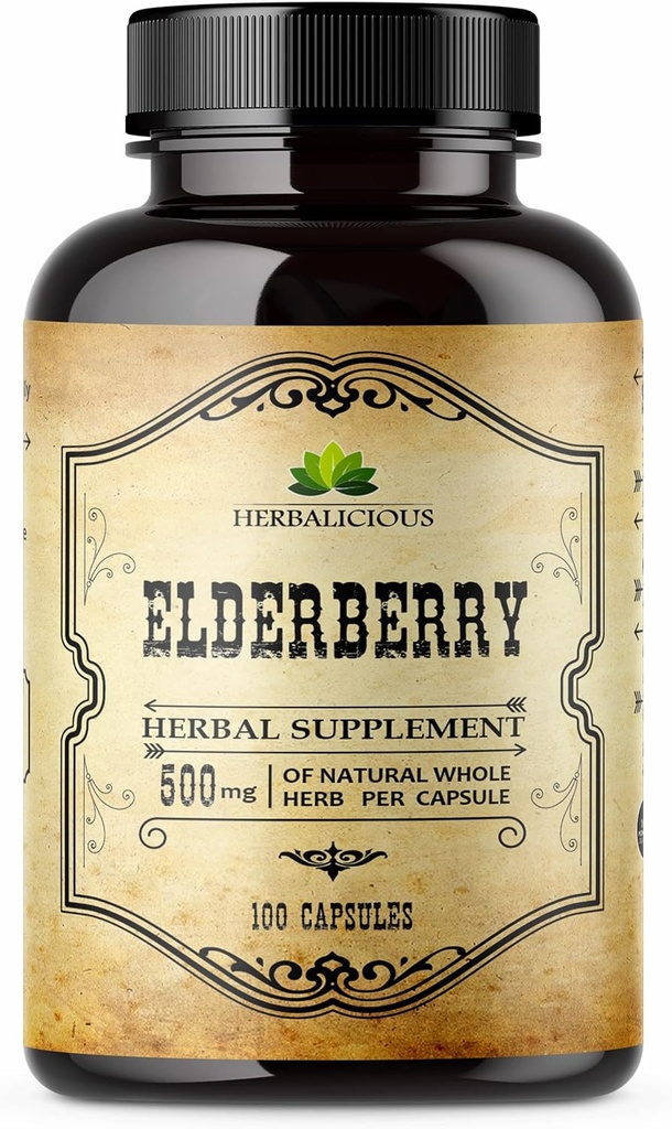 Elderberry 캡슐 - 자연 블랙 엘더 베리 초본 보충 - 성인, 소화 지원, 산화 방지제 및 비타민 C - 섬유 리치, 비 GMO - 100 남성 및 여성을위한 캡슐