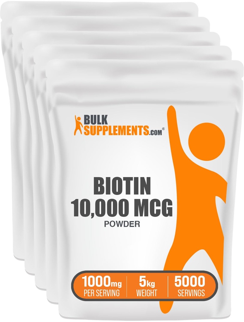 BulkSupplements.com Biotin 10000mcg 분말 - 헤어, 피부 및 손톱을위한 비타민 - 비타민 B7, 글루텐 무료, 서빙 당 1000mg (10mg Biotin), 5kg (11 파운드) (포장 5)